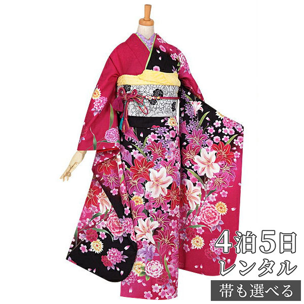 【振袖 レンタル】 結婚式 結納R903 正絹 ワイン　百合とカトレア 振袖 レンタル フルセット ふりそで 振り袖 結婚式 披露宴 親族 卒業式 パーティー 結納 着物レンタル 貸衣装 女性 和服 往復送料無料