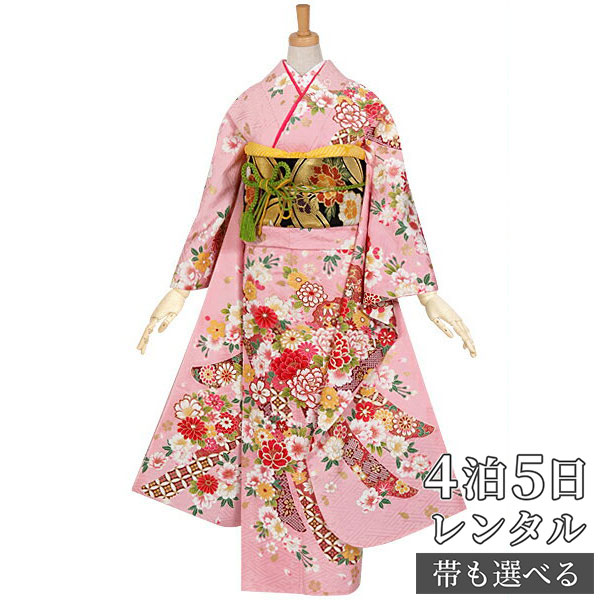 【振袖 レンタル】 結婚式 結納R927 正絹 ピンク　枝垂桜牡丹に熨斗 振袖 レンタル フルセット ふりそで 振り袖 結婚式 披露宴 親族 卒業式 パーティー 結納 着物レンタル 貸衣装 女性 和服 往復送料無料