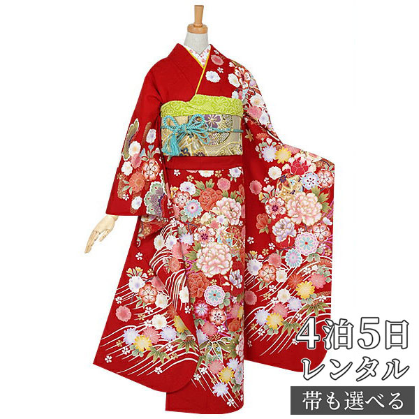 【振袖 レンタル】 結婚式 結納R928 正絹 赤　手鞠に菊牡丹流水 振袖 レンタル フルセット ふりそで 振り袖 結婚式 披露宴 親族 卒業式 パーティー 結納 着物レンタル 貸衣装 女性 和服 往復送料無料｜京都着物レンタル夢館