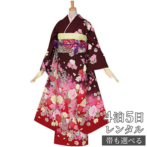 【振袖 レンタル】 結婚式 結納R936 正絹 茶　牡丹とチューリップ 振袖 レンタル フルセット ふりそで 振り袖 結婚式 披露宴 親族 卒業式 パーティー 結納 着物レンタル 貸衣装 女性 和服 往復送料無料