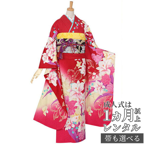 【成人式 振袖 レンタル】RS937 正絹 赤　薔薇とカトレアフルセット 往復送料無料 /女性和服/結婚式 和服 着物セット/小物 セット 振り袖 【レンタル】【訳あり】