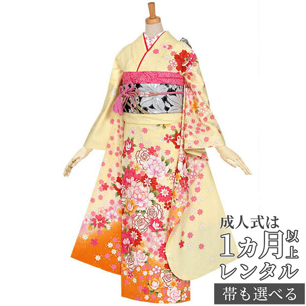 成人式早割クーポン10％オフ【振袖 レンタル】RS938 正絹 黄　小桜散らし薔薇と牡丹フルセット 往復送料無料 /女性和服/結婚式 和服 着物セット/小物 セット 振り袖 【レンタル】【訳あり】