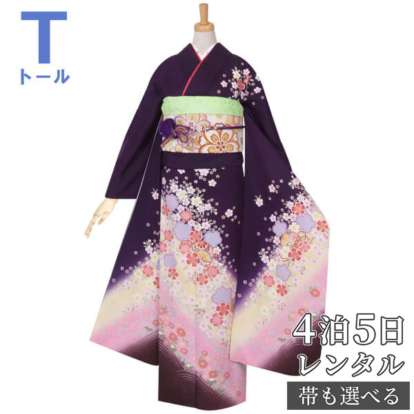【振袖 レンタル】 結婚式 結納R951 正絹 紫　かのこ桜流水に毬 振袖 レンタル フルセット ふりそで 振り袖 結婚式 披露宴 親族 卒業式 パーティー 結納 着物レンタル 貸衣装 女性 和服 往復送料無料【訳あり】