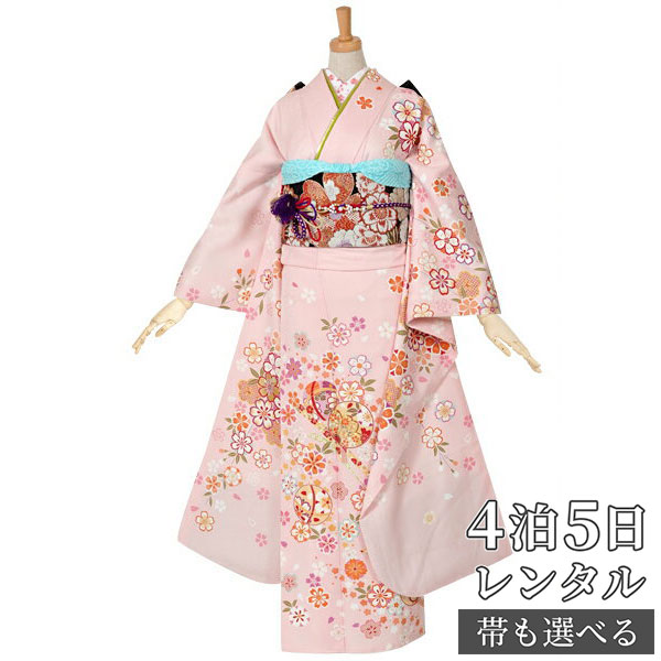 【振袖 レンタル】 結婚式 結納R959 正絹 ピンク　桜散らし花てまり 振袖 レンタル フルセット ふりそで 振り袖 結婚式 披露宴 親族 卒業式 パーティー 結納 着物レンタル 貸衣装 女性 和服 往復送料無料