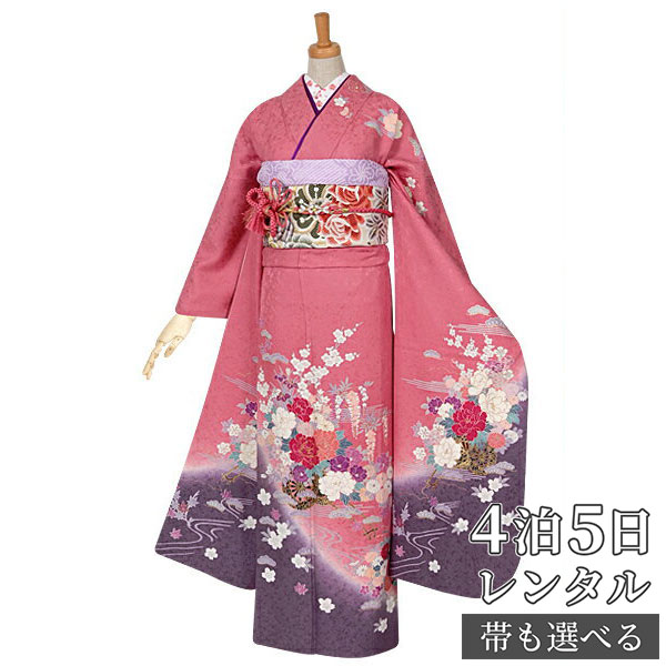 【振袖 レンタル】 結婚式 結納R965 正絹 ピンク　花車 振袖 レンタル フルセット ふりそで 振り袖 結婚式 披露宴 親族 卒業式 パーティー 結納 着物レンタル 貸衣装 女性 和服 往復送料無料｜京都着物レンタル夢館