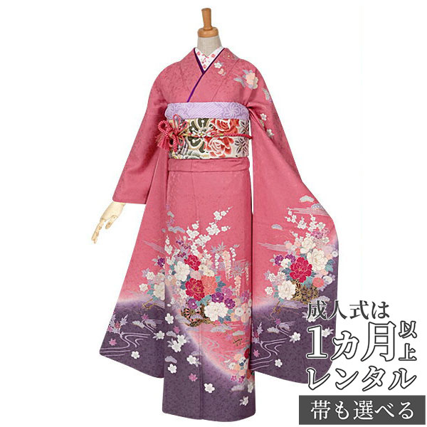【成人式 振袖 レンタル】RS965 正絹 ピンク　花車フルセット 往復送料無料 /女性和服/結婚式 和服 着物セット/小物 セット 振り袖 【レンタル】