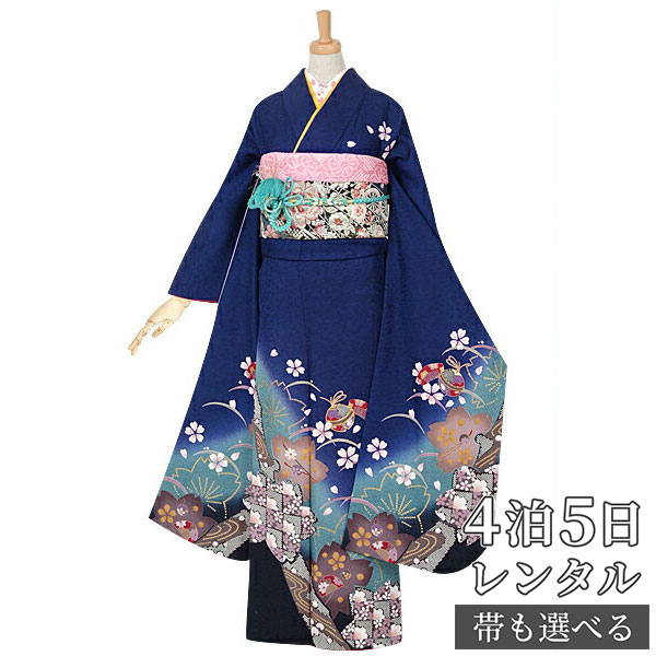 【振袖 レンタル】 結婚式 結納R966 正絹 青　市松桜 振袖 レンタル フルセット ふりそで 振り袖 結婚式 披露宴 親族 卒業式 パーティー 結納 着物レンタル 貸衣装 女性 和服 往復送料無料【訳あり】｜京都着物レンタル夢館