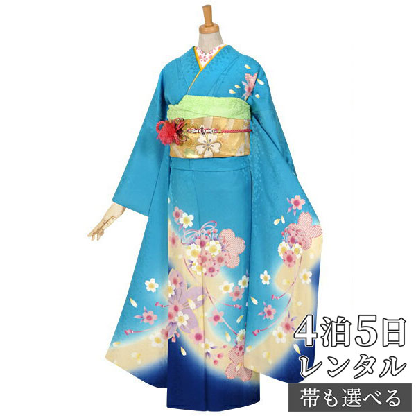 【振袖 レンタル】 結婚式 結納R968 正絹 水色　桜結び 振袖 レンタル フルセット ふりそで 振り袖 結婚式 披露宴 親族 卒業式 パーティー 結納 着物レンタル 貸衣装 女性 和服 往復送料無料【訳あり】