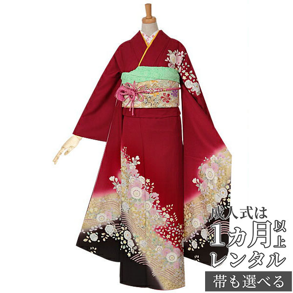 【成人式 振袖 レンタル】RS972 正絹 赤　　桜と辻が花フルセット 往復送料無料 /女性和服/結婚式 和服 着物セット/小物 セット 振り袖 【レンタル】