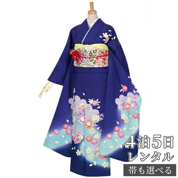 【振袖 レンタル】 結婚式 結納R981 正絹 青　桜と花文 振袖 レンタル フルセット ふりそで 振り袖 結婚式 披露宴 親族 卒業式 パーティー 結納 着物レンタル 貸衣装 女性 和服 往復送料無料【訳あり】