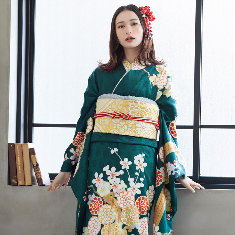 好評 レンタル 成人式振袖レンタルセット Rs986 深緑菊梅に滝文様 絹 R1503 結婚式結納パーティーレンタル振袖着物成人式 レンタル振り袖フルセット貸衣装ふりそでフリソデ