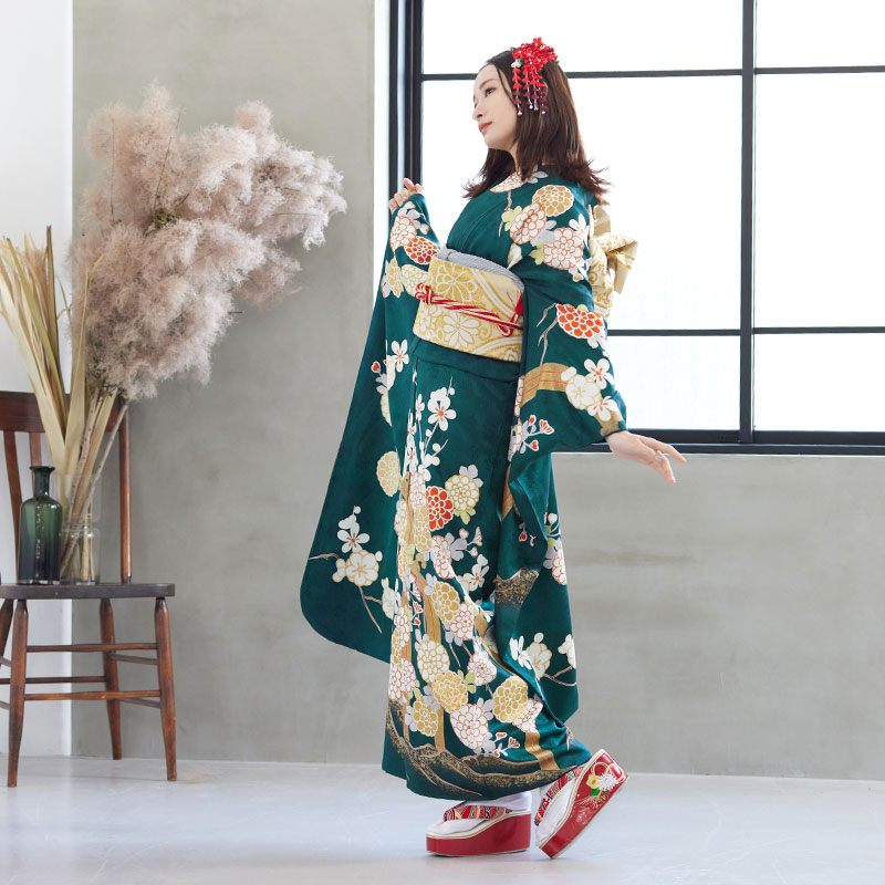 好評 レンタル 成人式振袖レンタルセット Rs986 深緑菊梅に滝文様 絹 R1503 結婚式結納パーティーレンタル振袖着物成人式 レンタル振り袖フルセット貸衣装ふりそでフリソデ