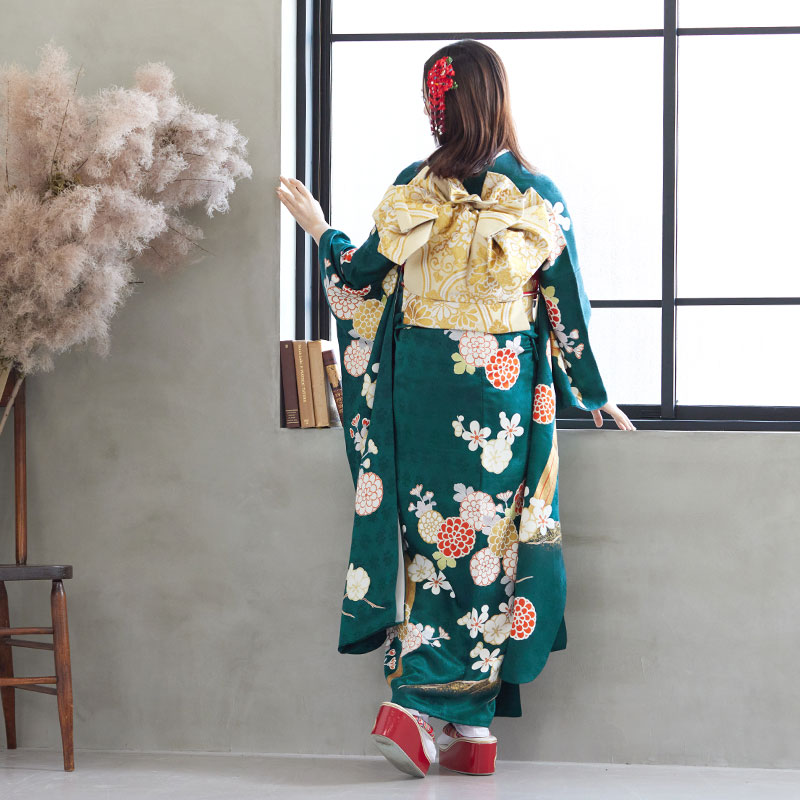 好評 レンタル 成人式振袖レンタルセット Rs986 深緑菊梅に滝文様 絹 R1503 結婚式結納パーティーレンタル振袖着物成人式 レンタル振り袖フルセット貸衣装ふりそでフリソデ