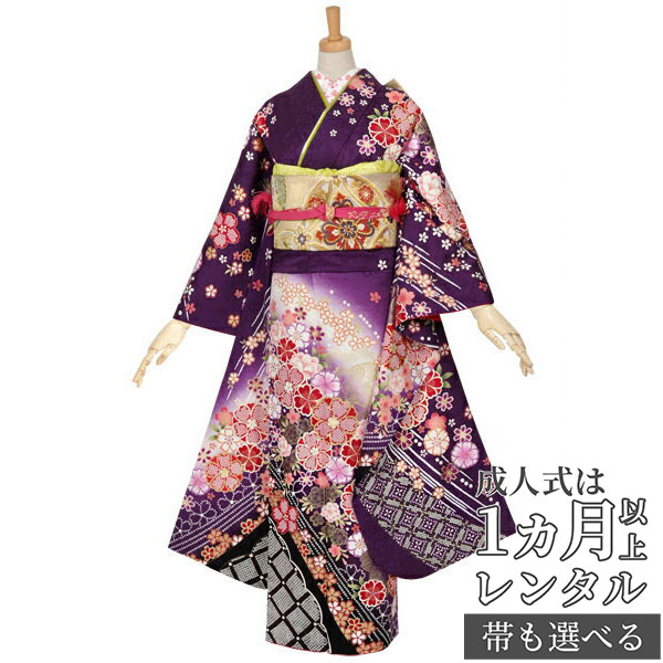 【成人式 振袖 レンタル】RS994 正絹 紫　疋田八重桜フルセット 往復送料無料 /女性和服/結婚式 和服 着物セット/小物 セット 振り袖 【レンタル】【訳あり】