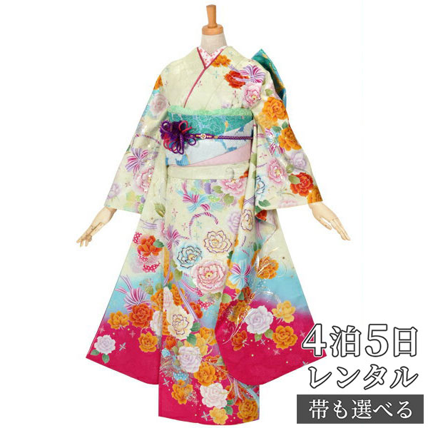 結納r995クリーム振袖セットレンタル レンタル 結婚式レンタル和服結納薔薇とリボン振袖振袖 振袖卒業式フルセット送料無料結婚式ふりそで振袖 160 164cm 2月 11月利用パーティー着物レンタル貸衣装レンタル着物レンタル親族結婚式披露宴
