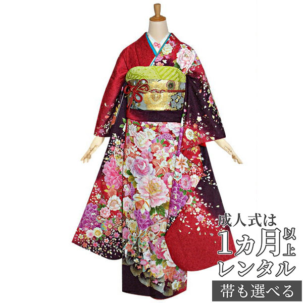 〔成人式 振袖 レンタル〕RS999 正絹 赤　桜牡丹に蘭フルセット 往復送料無料 /女性和服/結婚式 和服 着物セット/小物 セット 振り袖 【レンタル】｜京都着物レンタル夢館