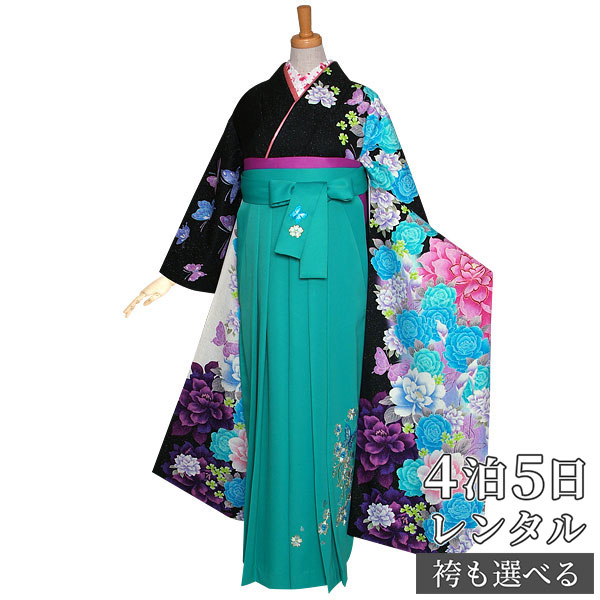 【レンタル】袴 レンタル 卒業式 女 袴セット 振袖＆袴〔RR1010〕「黒　薔薇に蝶」 フルセット 貸衣装 女 レディース 送料無料