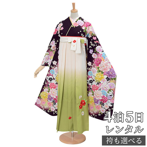 【レンタル】袴 レンタル 卒業式 女 袴セット 振袖＆袴〔RR1028〕「茶　彩色牡丹」 フルセット 貸衣装 女 レディース 送料無料