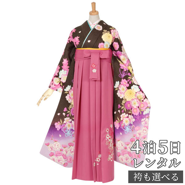 【レンタル】袴 レンタル 卒業式 女 袴セット 振袖＆袴〔RR1052〕「茶　桜菊に蝶結び」 フルセット 貸衣装 女 レディース 送料無料