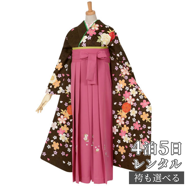 【レンタル】袴 レンタル 卒業式 女 袴セット 振袖＆袴〔RR1062〕「茶　花くす玉に流水桜」 フルセット 貸衣装 女 レディース 送料無料
