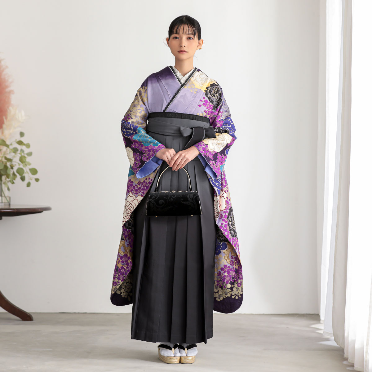 【レンタル】MURUA 袴 レンタル 卒業式 女 袴セット 振袖＆袴〔RR1080〕「藤紫　薔薇と桜」 フルセット 貸衣装 女 レディース 送料無料