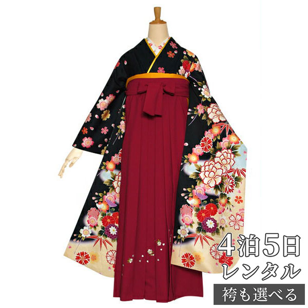 【レンタル】【訳あり】袴 レンタル 卒業式 女 袴セット 振袖＆袴〔RR1154〕「黒　枝垂桜に菊牡丹」 フルセット 貸衣装 女 レディース 送料無料｜京都着物レンタル夢館
