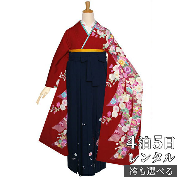 【レンタル】袴 レンタル 卒業式 女 袴セット 振袖＆袴〔RR1174〕「赤　八重桜に熨斗」 フルセット 貸衣装 女 レディース 送料無料