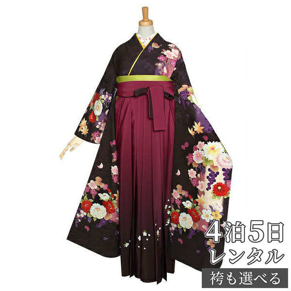 【レンタル】袴 レンタル 卒業式 女 袴セット 振袖＆袴〔RR1223〕「茶　花紋に葡萄」 フルセット 貸衣装 女 レディース 送料無料