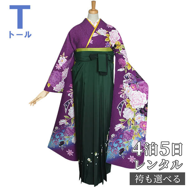 【レンタル】袴 レンタル 卒業式 女 袴セット 振袖＆袴〔RR1236〕 大きいサイズ（トールサイズ）「紫　薔薇とリボン」 フルセット 貸衣装 女 レディース 送料無料
