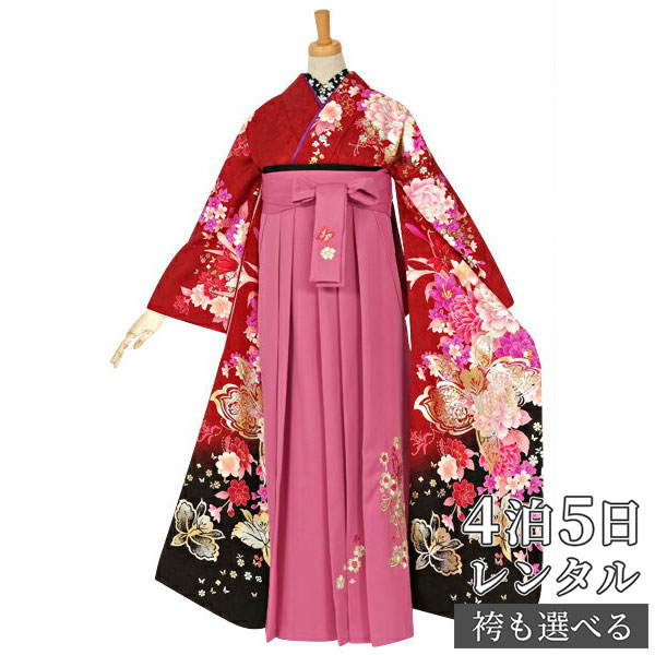 【レンタル】袴 レンタル 卒業式 女 袴セット 振袖＆袴〔RR1287〕「赤　牡丹にカトレア」 フルセット 貸衣装 女 レディース 送料無料