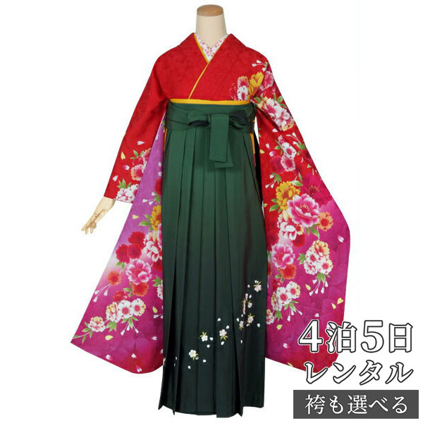 【レンタル】袴 レンタル 卒業式 女 袴セット 振袖＆袴〔RR1303〕「赤　八重桜」 フルセット 貸衣装 女 レディース 送料無料