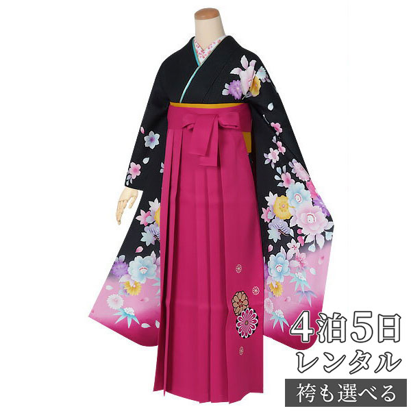 【レンタル】袴 レンタル 卒業式 女 袴セット 振袖&袴〔RR1317〕「黒 牡丹に桜吹雪」 フルセット 貸衣装 女 レディース 送料無料|京都着物レンタル夢館