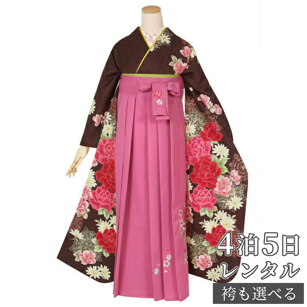 【レンタル】袴 レンタル 卒業式 女 袴セット 振袖＆袴〔RR1397〕「茶　薔薇とスノークリスタル」 フルセット 貸衣装 女 レディース 送料無料
