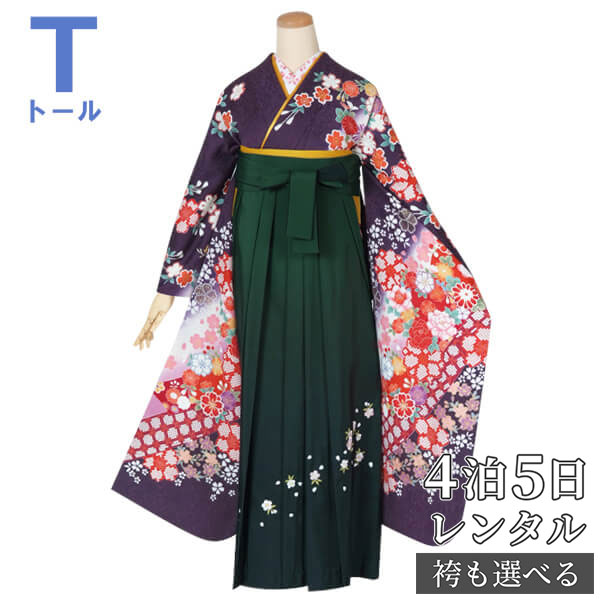 【レンタル】袴 レンタル 卒業式 女 袴セット 振袖＆袴〔RR1494〕 大きいサイズ（トールサイズ）「紫　枝垂桜に花鞠」 フルセット 貸衣装 女 レディース 送料無料