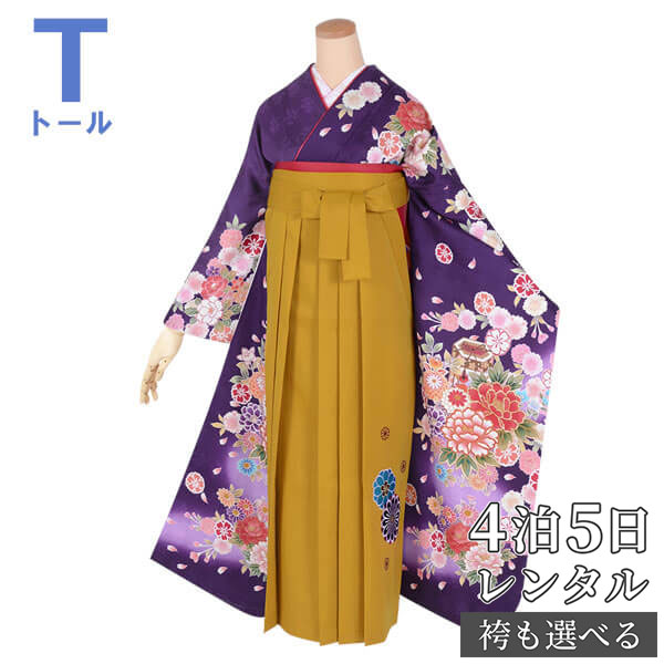 【レンタル】袴 レンタル 卒業式 女 袴セット 振袖＆袴〔RR1499〕 大きいサイズ（トールサイズ）「紫　貝桶に牡丹」 フルセット 貸衣装 女 レディース 送料無料