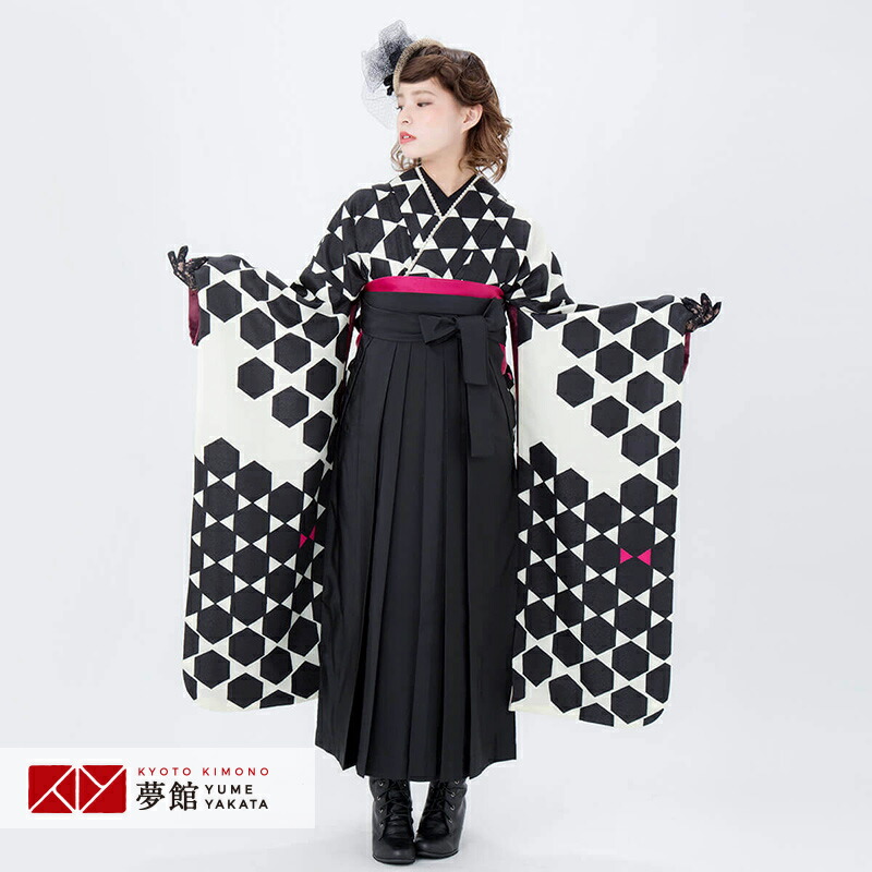 レンタル Xmiss 袴 レンタル 和服 フルセット 卒業式 女 袴セット 袴セット レディース 卒業式袴セット 振袖 袴 Rr1610 黒 モダン破れ亀甲柄 卒業式 レンタル 着物 フルセット 貸衣装 女 袴 袴セット 送料無料 一部地域を除く 京都着物レンタル夢館袴レンタル13