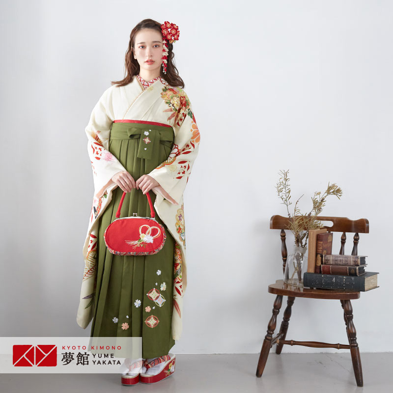 【レンタル】袴 レンタル 卒業式 女 袴セット 振袖＆袴〔RR1624〕「クリーム 松笹に桜と菊」 フルセット 貸衣装 女 レディース 送料無料