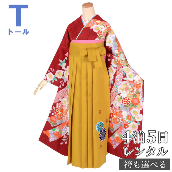 【レンタル】袴 レンタル 卒業式 女 袴セット 振袖＆袴〔RR1729〕 大きいサイズ（トールサイズ）「赤　熨斗に花尽くし（絹）」 フルセット 貸衣装 女 レディース 送料無料