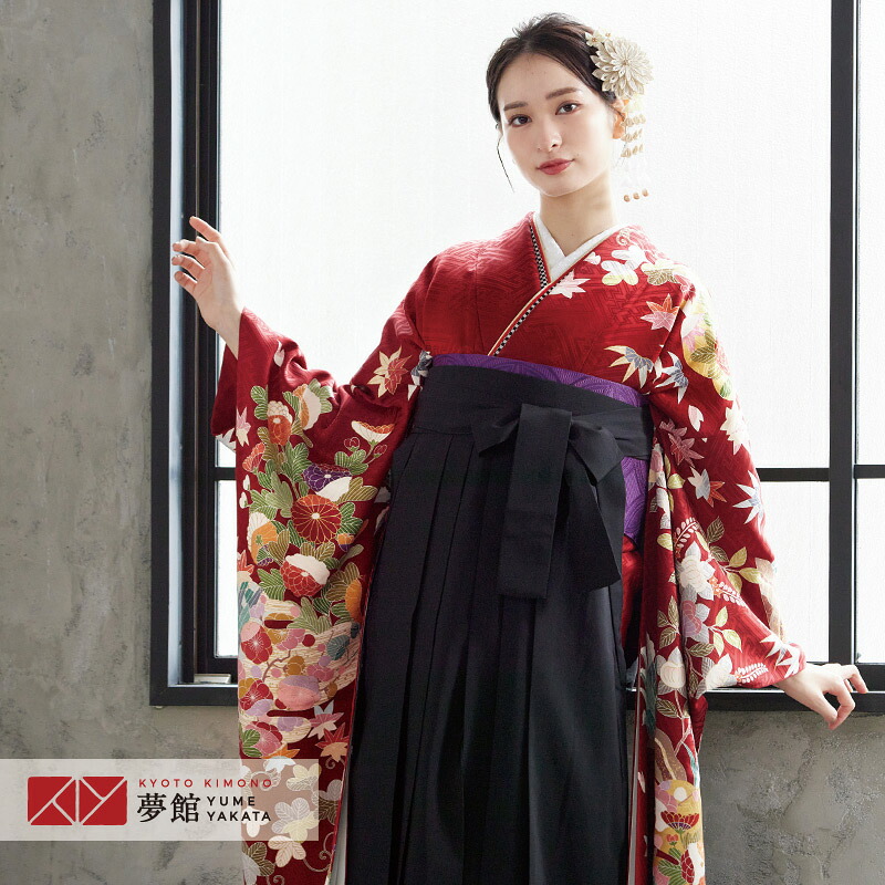 【レンタル】袴 レンタル 卒業式 女 袴セット 振袖＆袴〔RR1782〕「赤 雲取りに花（絹）」 フルセット 貸衣装 女 レディース 送料無料