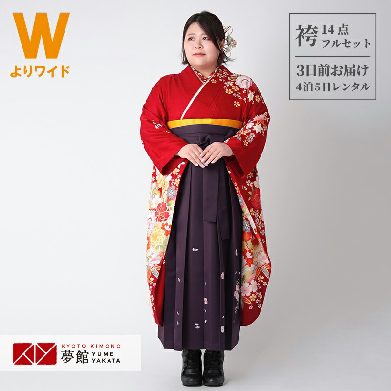 【レンタル】袴 レンタル 卒業式 女 袴セット 振袖＆袴〔RR1803〕 大きいサイズ（ワイドサイズ）「赤　熨斗に菊桜」 フルセット 貸衣装 女 レディース 送料無料