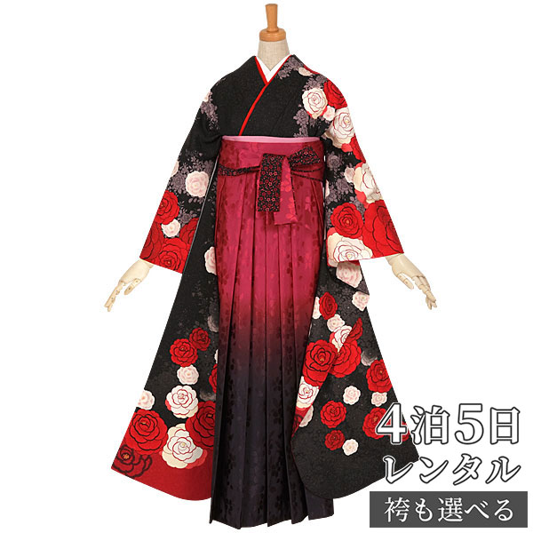 【レンタル】袴 レンタル 卒業式 女 袴セット 振袖＆袴〔RR1888〕「黒　ローズガーデン」 フルセット 貸衣装 女 レディース 送料無料