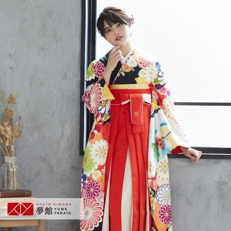 【レンタル】紅一点 袴 レンタル 卒業式 女 袴セット 振袖＆袴〔RR1906〕「黒 牡丹にねじ梅鶴」 フルセット 貸衣装 女 レディース 送料無料