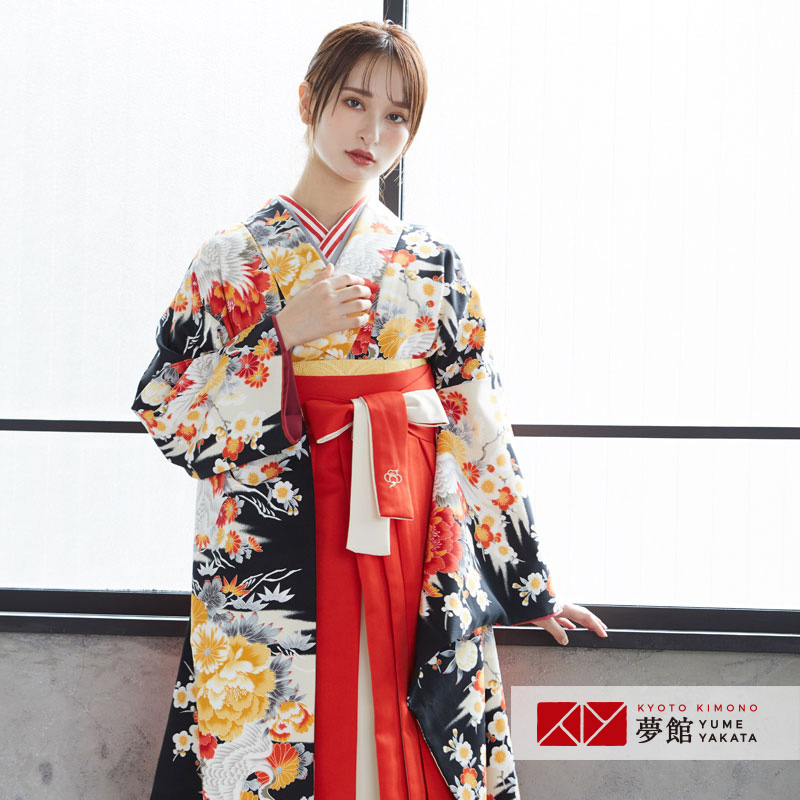 【レンタル】きもの道楽 袴 レンタル 卒業式 女 袴セット 振袖＆袴〔RR225〕「黒 鶴と牡丹」 フルセット 貸衣装 女 レディース 送料無料