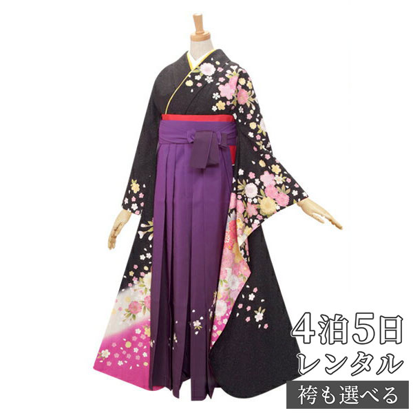 【レンタル】袴 レンタル 卒業式 女 袴セット 振袖＆袴〔RR335〕「黒・ラメ　桜と牡丹」 フルセット 貸衣装 女 レディース 送料無料 12,768円