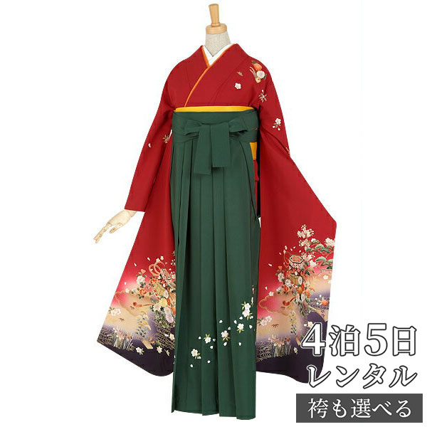 【レンタル】【訳あり】袴 レンタル 卒業式 女 袴セット 振袖＆袴〔RR414〕「赤　貝桶流水・琵琶・鼓と花」 フルセット 貸衣装 女 レディース 送料無料