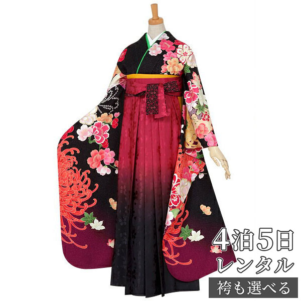 【レンタル】Asuka 袴 レンタル 卒業式 女 袴セット 振袖＆袴〔RR508〕「黒　雪輪に大輪菊と牡丹」 フルセット 貸衣装 女 レディース 送料無料