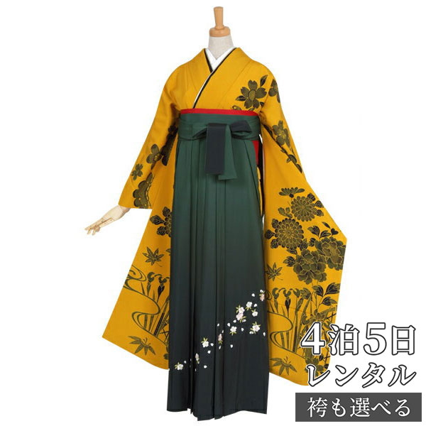 【レンタル】袴 レンタル 卒業式 女 袴セット 振袖＆袴〔RR525〕「金茶　墨絵　四季草花」 フルセット 貸衣装 女 レディース 送料無料