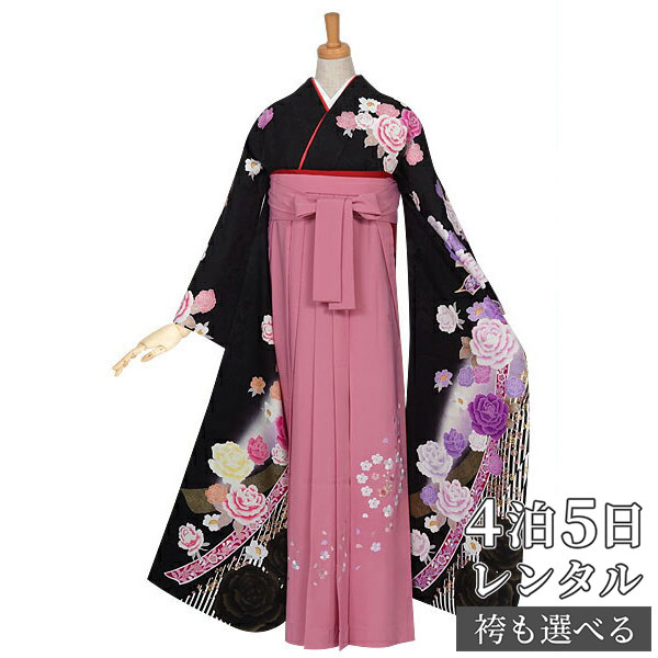 【レンタル】袴 レンタル 卒業式 女 袴セット 振袖＆袴〔RR602〕「黒 リボンに薔薇」 フルセット 貸衣装 女 レディース 送料無料