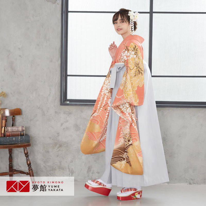 【レンタル】袴 レンタル 卒業式 女 袴セット 振袖＆袴〔RR673〕「珊瑚色 藤柳橋に水車」 フルセット 貸衣装 女 レディース 送料無料