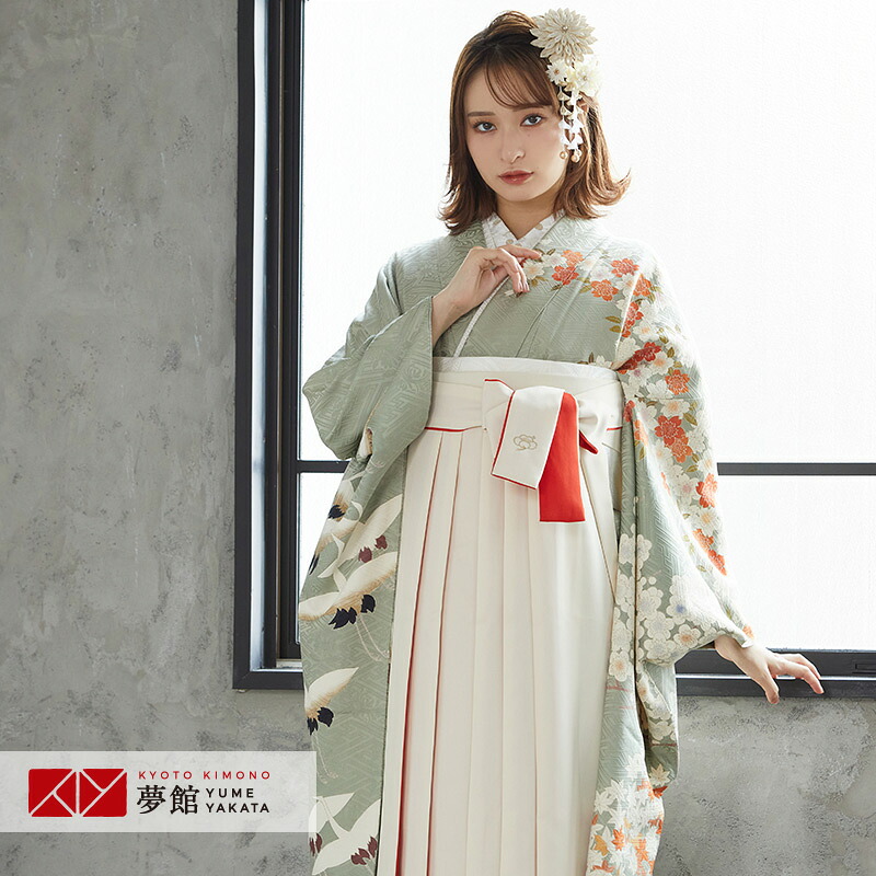 【レンタル】袴 レンタル 卒業式 女 袴セット 振袖＆袴〔RR731〕「緑灰色 桜楓梅に鶴」 フルセット 貸衣装 女 レディース 送料無料